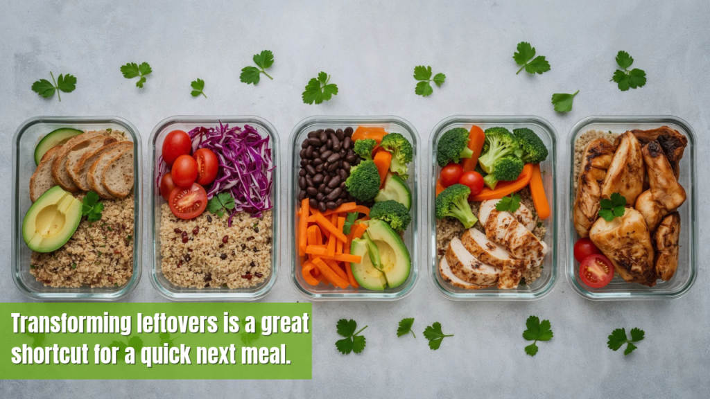Five glass meal-prep containers filled with nutritious leftover meal combinations, including whole-grain bread, avocado, quinoa, tomatoes, red cabbage, black beans, broccoli, carrots, and sliced chicken. A visual guide to transforming leftovers into quick, healthy meals for busy families.
