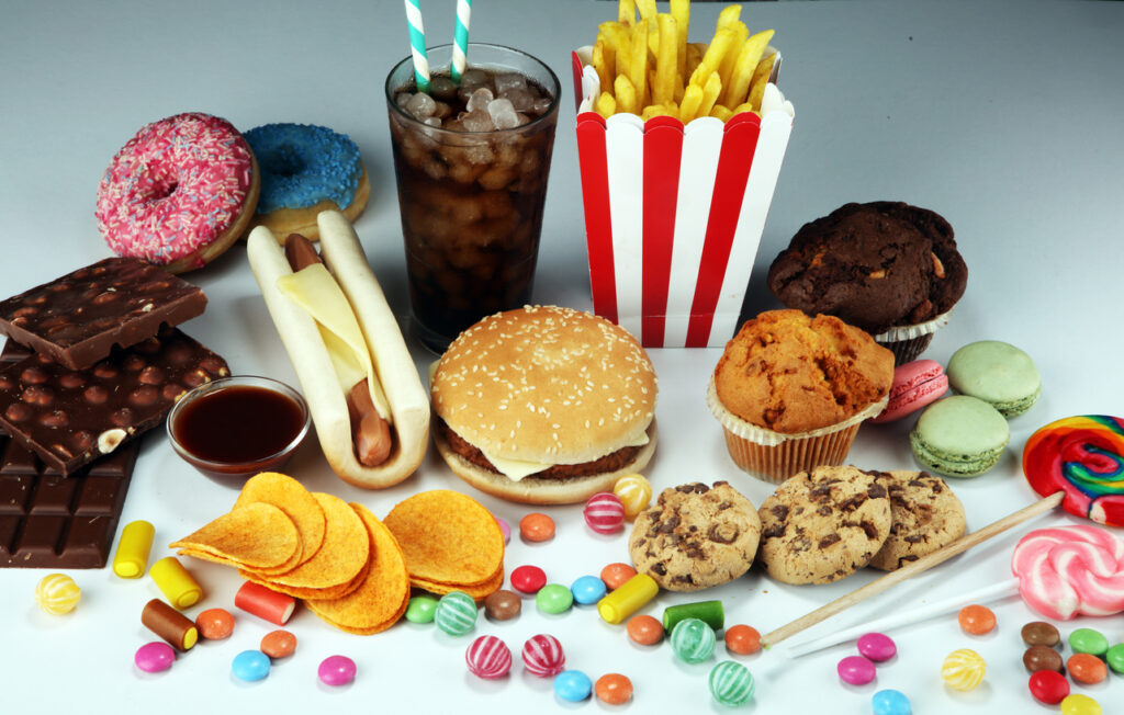Unhealthy products. food bad for figure, skin, heart and teeth.